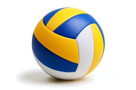 A professional volleyball with blue, yellow, and white panels isolated on white background