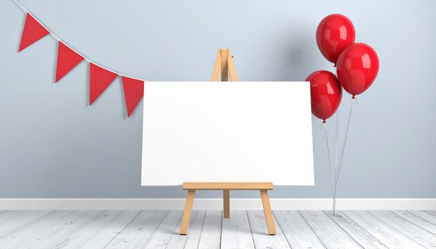Blank canvas on easel with red balloons and bunting.