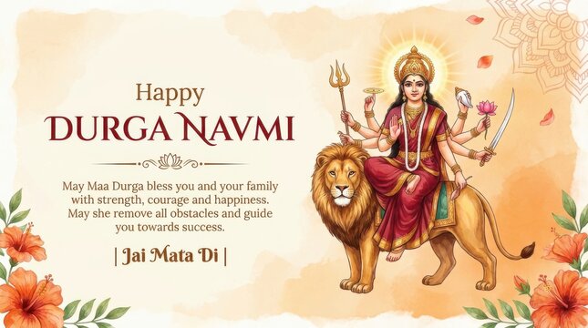 Happy durga navmi greeting card with goddess durga sitting on a lion and traditional floral decoration