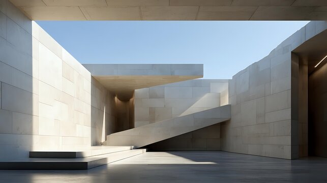 Minimal monolithic limestone walls intersecting beneath soft architectural skylight creating elegant shadow geometry refined luxury presentation background with exceptional realistic detail