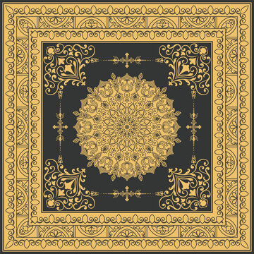 Gold-colored decorative rug featuring a patterned design.