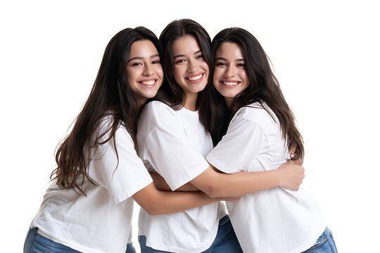 Three identical young women hugging each other isolated on white background