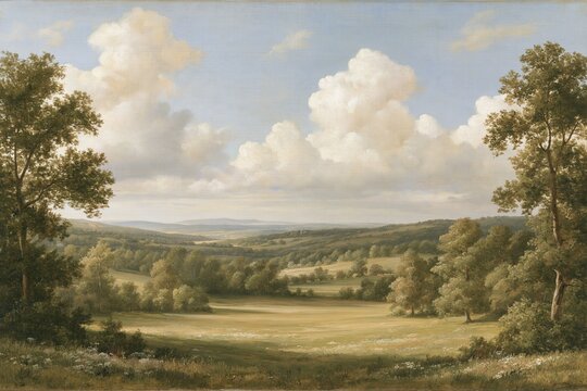 Pastoral countryside landscape with trees, fields and clouds