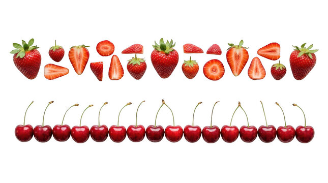 Fresh red strawberries and sweet cherries arranged in two rows on a flat surface