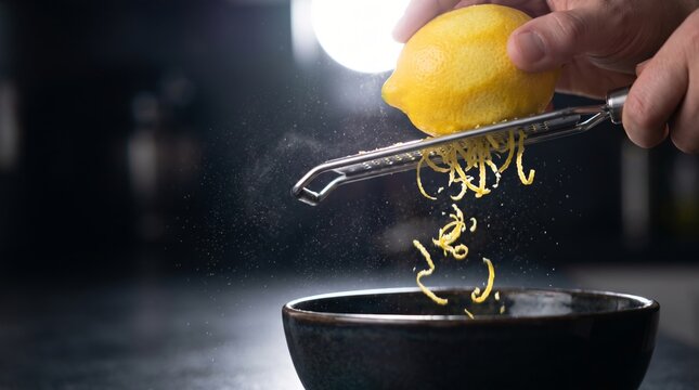 Hand grating fresh lemon zest into black bowl