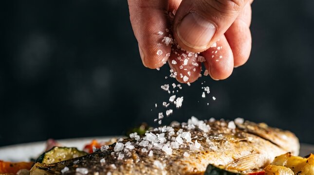 Chef sprinkling sea salt over grilled fish, finishing culinary dish