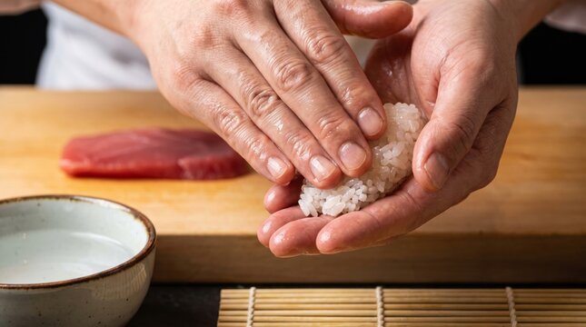Chef shaping sushi rice by hand on wooden board