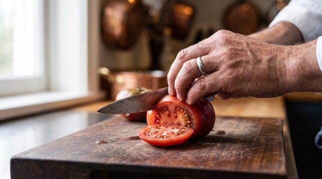 Man slicing fresh tomato on wooden cutting board in kitchen