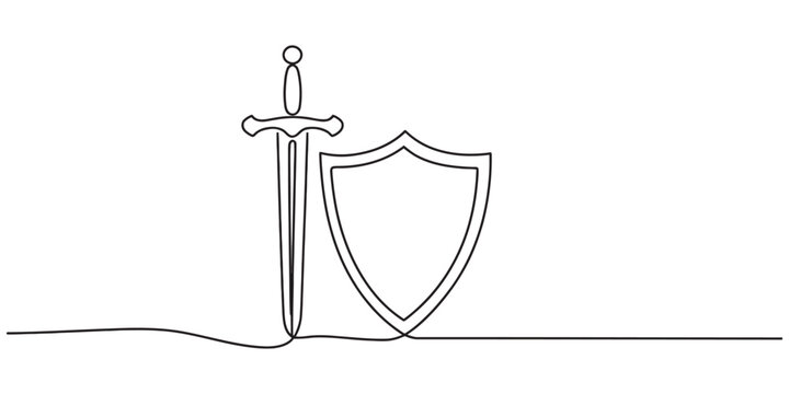 Continuous single line drawing of a sword and a shield