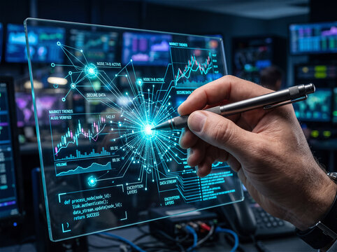 Businessman hand using digital pen touching futuristic transparent hologram screen displaying financial market trends, stock charts, data analytics, network connection, and secure encryption code. Hig