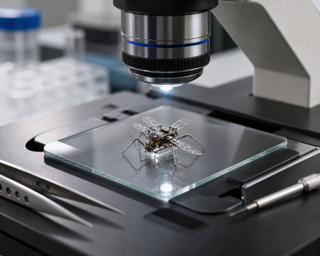 Microrobot Insect Under Microscope in Research Laboratory
