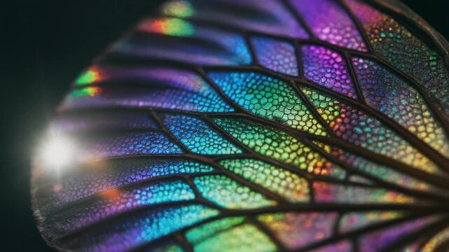 Macro iridescent insect wing video. Detailed view of dragonfly wing structure with vibrant rainbow colors and organic honeycomb patterns. Shimmering close up footage for nature background use.