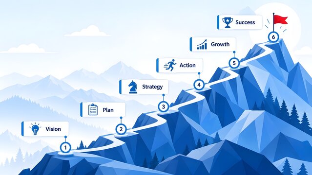 Business growth strategy mountain path from vision planning to final success