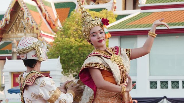Performers in Ornate Traditional Costumes Dancing Thai Khon Drama