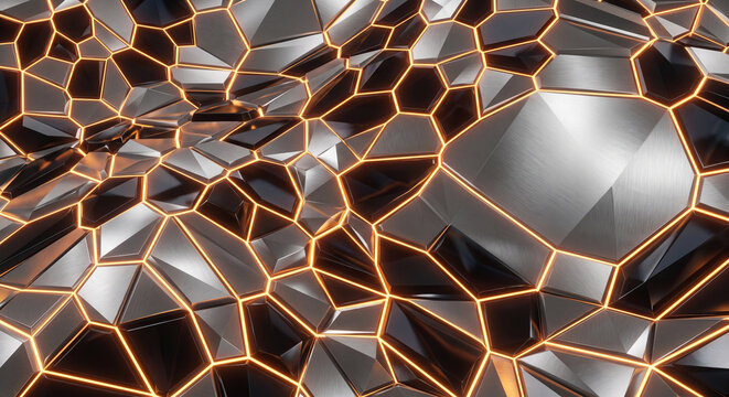 Titanium and Obsidian Voronoi Mosaic with Amber Glow Seams 3D Background