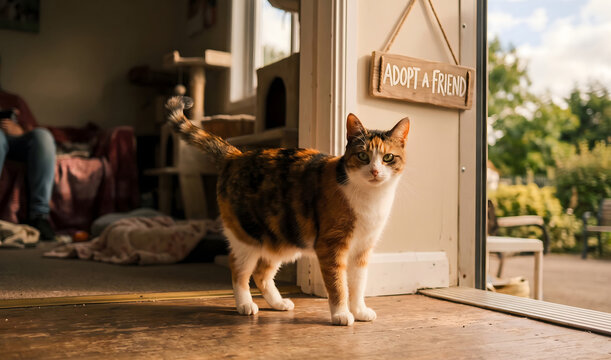 World Animal Day, Calico cat standing on wooden floor by open door with adopt a friend sign for shelter adoption promotion.