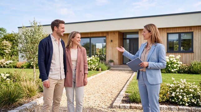 Smiling couple tours a modern house with real estate agents, exploring a new property and discussing home purchase options.