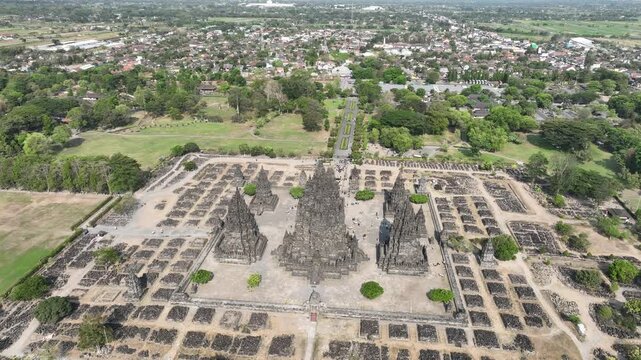 Aerial view of the historical sites of Prambanan Temple in Yogyakarta, Java, Indonesia