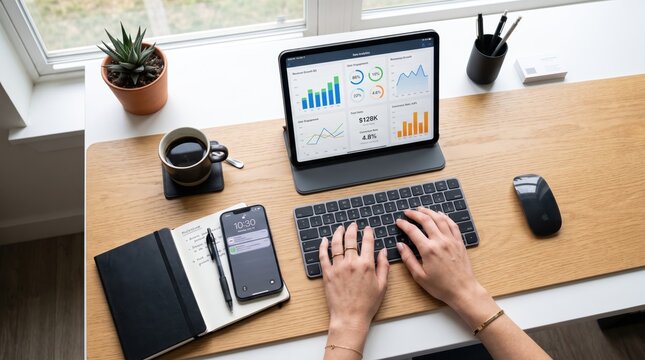Top view of modern workspace with tablet displaying business analytics dashboard, hands typing on keyboard, coffee cup and smartphone on wooden desk, remote work concept