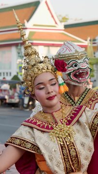 Thai Khon Dancers Performing in Traditional Ornate Costumes Outdoors