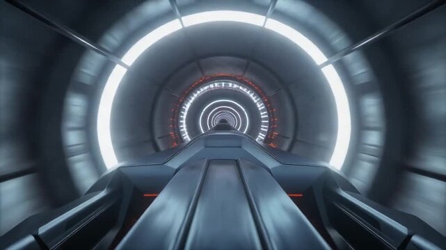 Futuristic spaceship tunnel interior motion loop. Sci-fi corridor with glowing orange and white neon light rings. High speed travel through a dark metallic spacecraft passageway. 3D space travel.