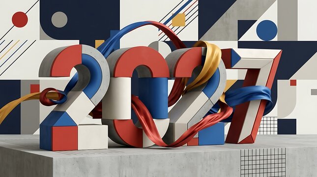 2027 New Year 3D Typography with Intertwined Silk Ribbon and Bauhaus Concrete Geometric Blocks on Abstract Modern Background