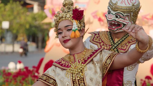Thai Khon Dancers Performing Traditional Ramayana Dance Outdoors