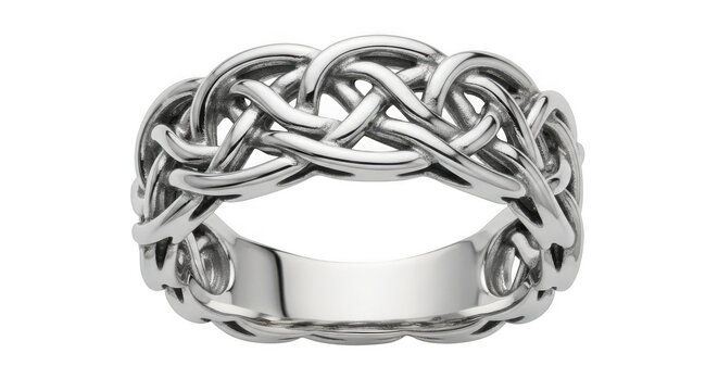 Silver ring with woven metal band isolated on transparent background