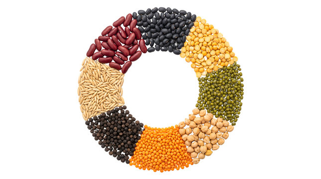 Assortment of dried legumes and pulses arranged in a circle on white background.