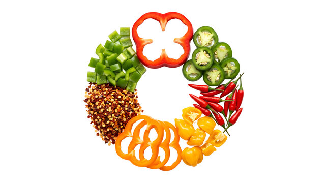 Assortment of Fresh Chopped Peppers Arranged in a Circle.