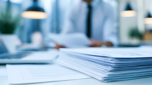 A professional workspace with a stack of documents  a laptop  and a person in the background  bathed in soft office lighting
