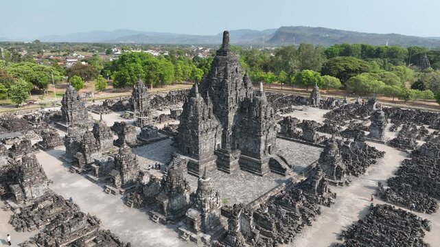 Aerial view of the historical sites of Prambanan Temple in Yogyakarta, Java, Indonesia