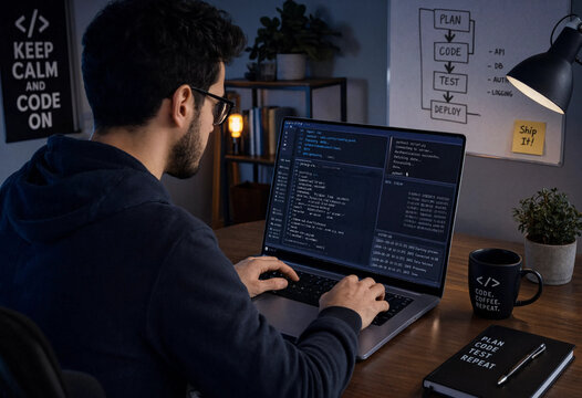 Coder sits focused, typing on laptop with code displayed