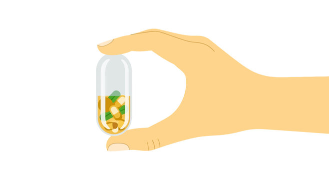 Hand Holding Large Transparent Capsule Filled with Various Pills - Medication and Healthcare Illustration