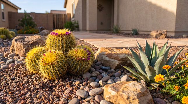 Arizona front yard with blooming golden barrel cacti and desert landscaping featuring agave and colorful flowers
