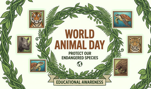 World Animal Day, World animal day educational awareness poster with endangered species in vine frames and botanical leaf borders.
