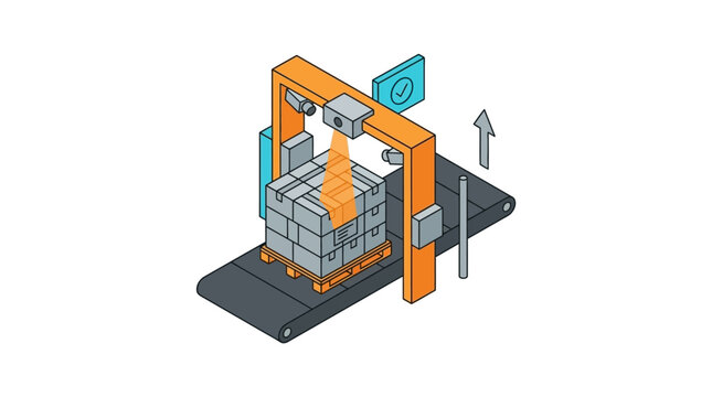 Clean Isometric of Industrial Pallet Scanner and Sorting System with Orange Frame Gray Pallet and Boxes
