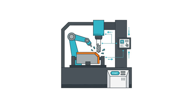 Corporate of CNC Machining Robot Arm Processing Metal Part in High Tech Industrial Setting with high quality professional line art symbols for modern creative design and digital branding projects