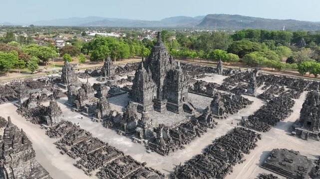 Aerial view of the historical sites of Prambanan Temple in Yogyakarta, Java, Indonesia