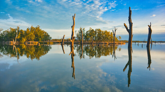 Golden evening light over Lake Mulwala reflections