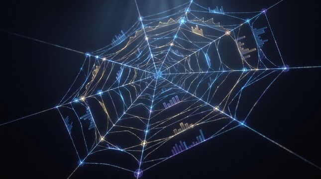 Abstract data analytics concept with glowing digital spider web and charts
