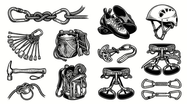 Climbing Gear Black and White Line Art - Safety Equipment for Outdoor Adventures