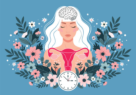 Vector illustration of women health concept with floral frame brain uterus and clock representing biological clock and body cycle