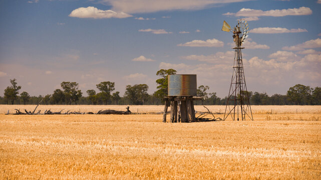 Old farm windmill standing above harvested wheat paddock