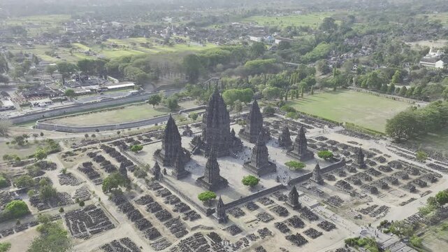 Aerial view of the historical sites of Prambanan Temple in Yogyakarta, Java, Indonesia