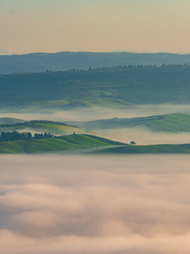 Sunrise view of the fog at Val d'Orcia, Tuscany.