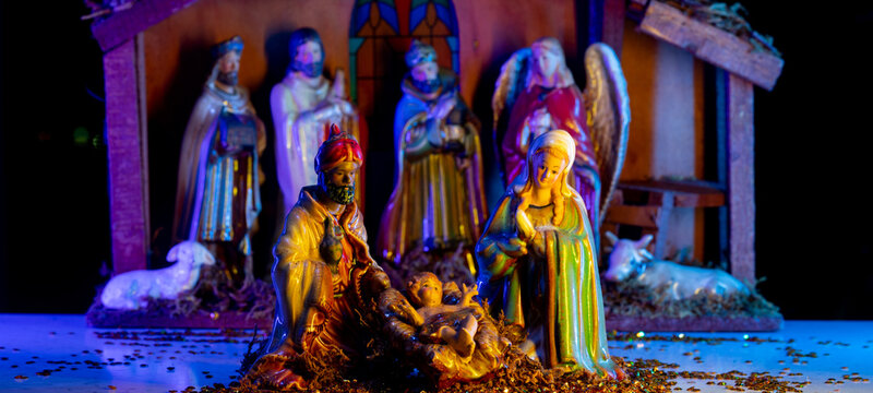 Nativity scene. Christmas Christian nativity scene with Jesus in the manger, kings, farm animals and star of Bethlehem.