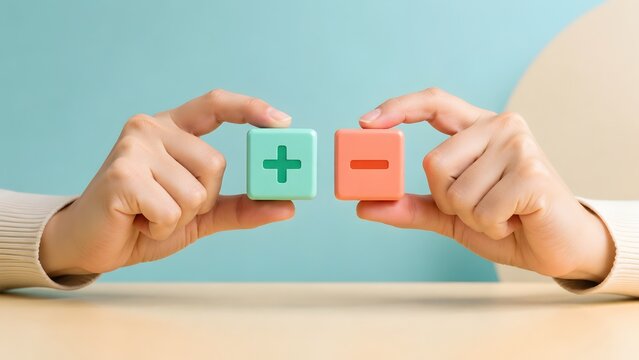 Hands Holding Green Plus And Red Minus Blocks Choice Concept