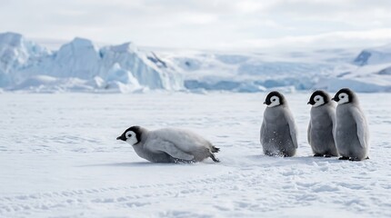 Fototapeta premium Emperor penguin chicks sliding on ice in the Antarctic wilderness