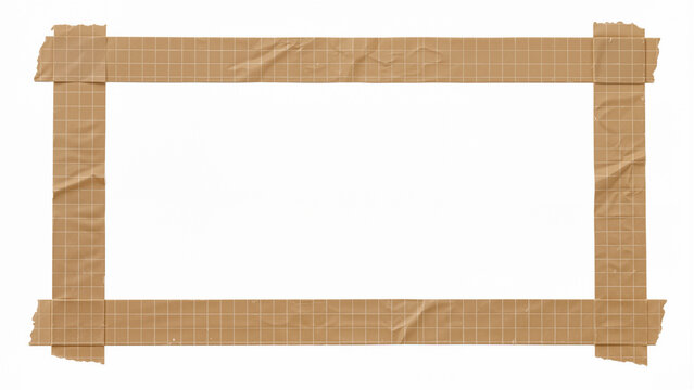 Brown Grid Masking Tape Rectangle Frame with Torn Edges and Wrinkled Texture Isolated on White Background